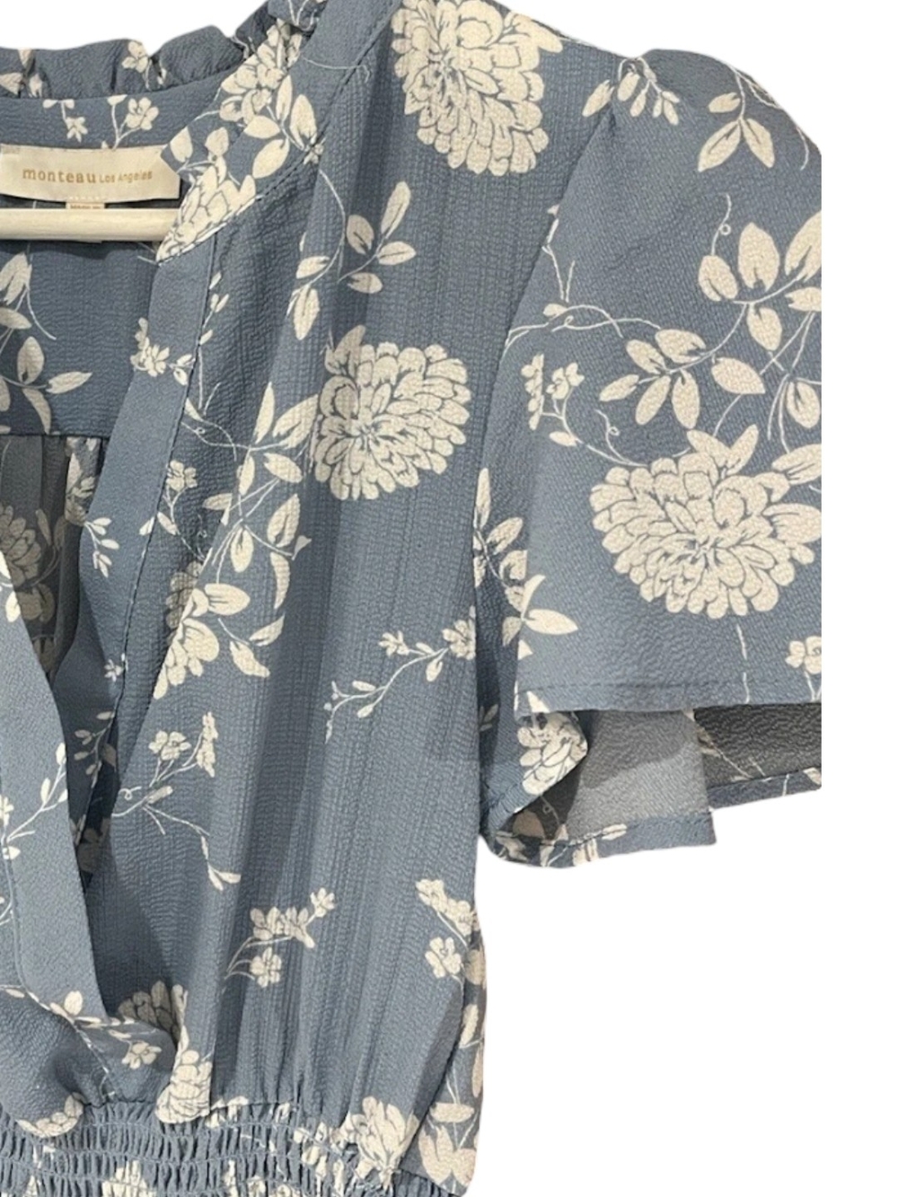 Monteau Dusty Blue Floral V-Neck Smocked Waist Tunic - Picture 4 of 5